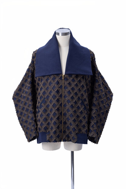 “Shelter” Diamond Lattice Fringe Jacquard Bomber Jacket - MH26AJK01