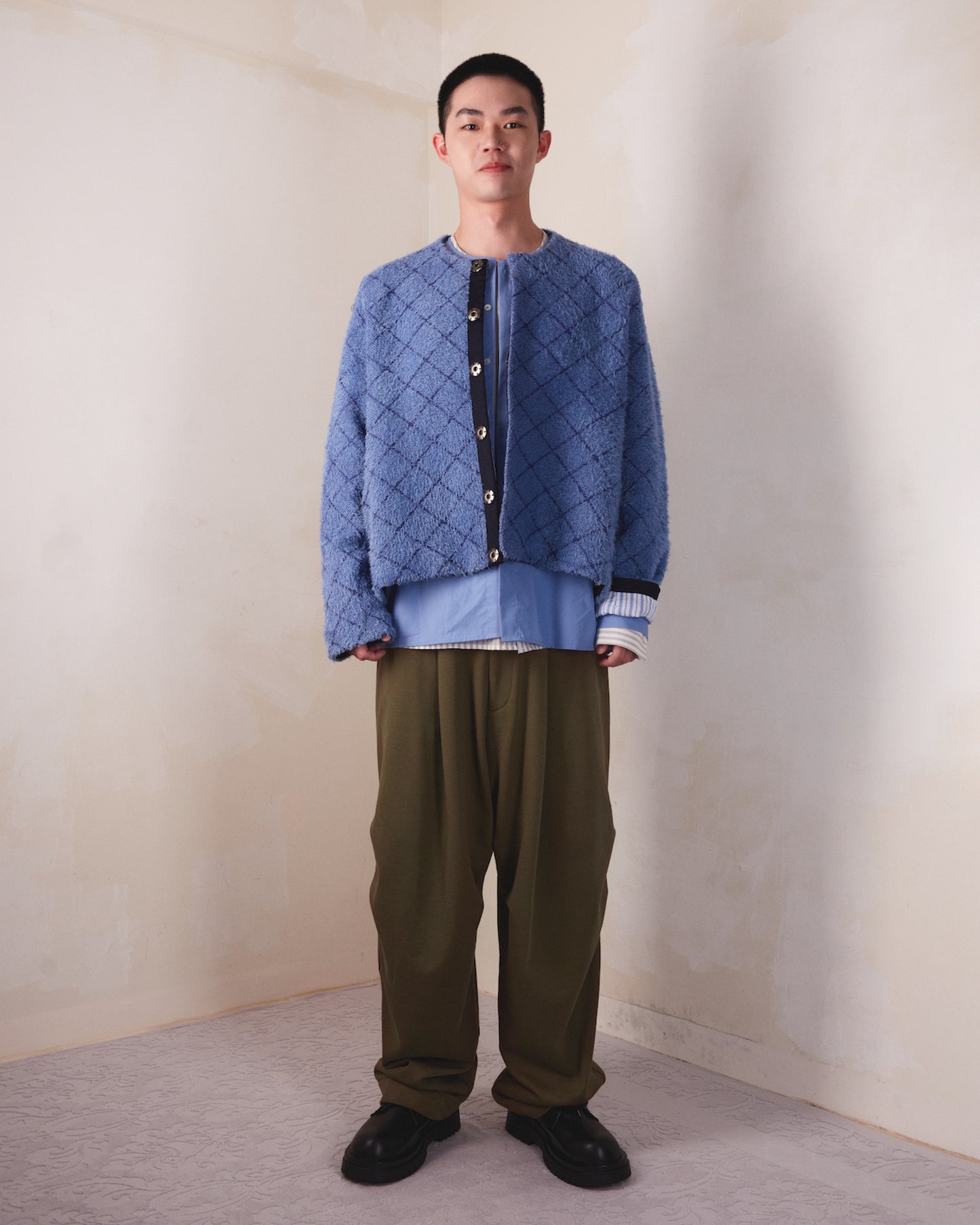 Crew Neck Diamond Jacquard Knit Cardigan - MH26AKC01A